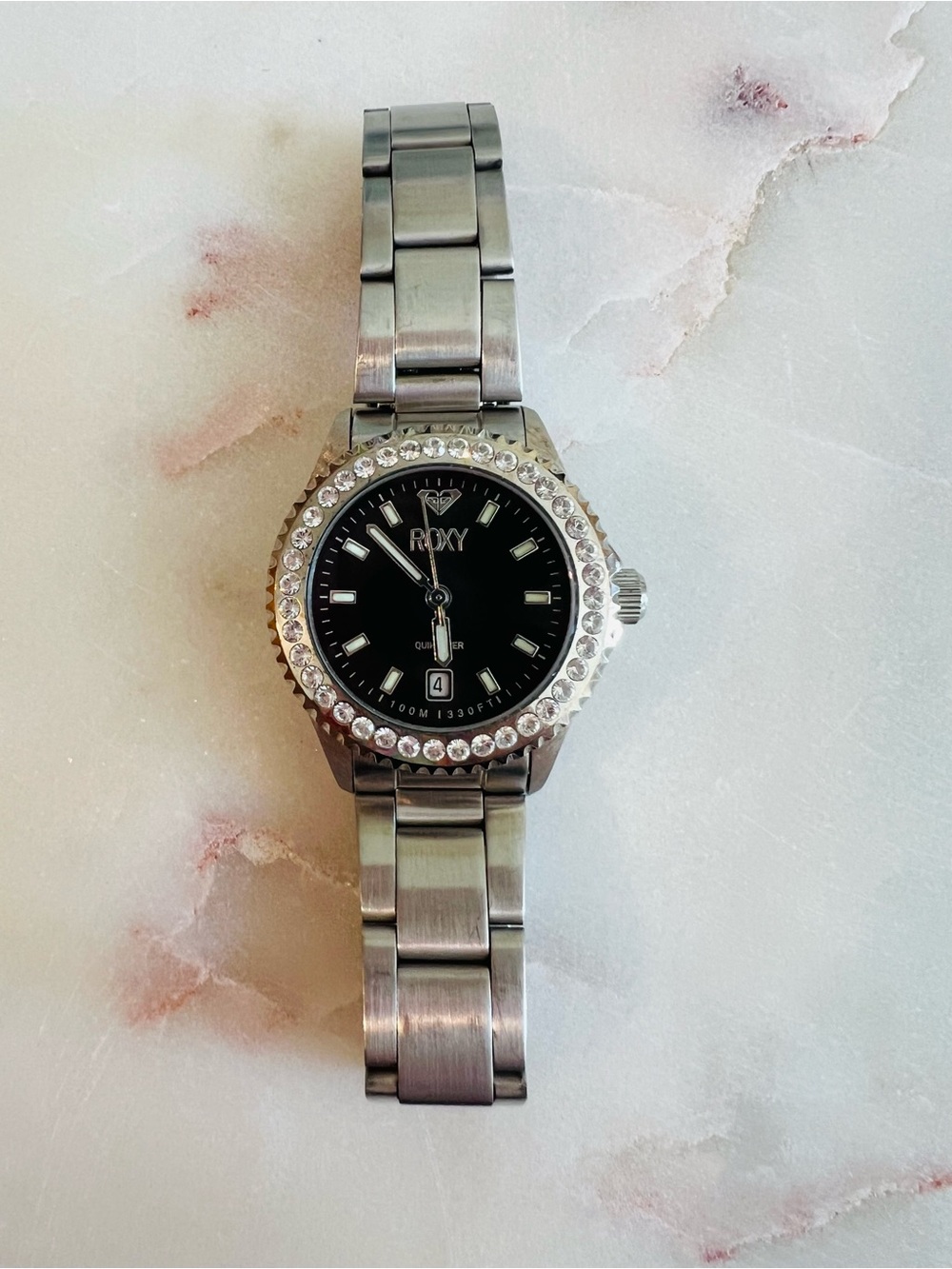 Roxy Vintage Women's Stainless Steel Crystal Bezel Watch - Black Dial Date RX101